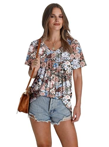 WEESO Womens Summer Tops 2025 Short Sleeve T Shirts Pleated Dressy Casual V Neck Blouses - Image 2