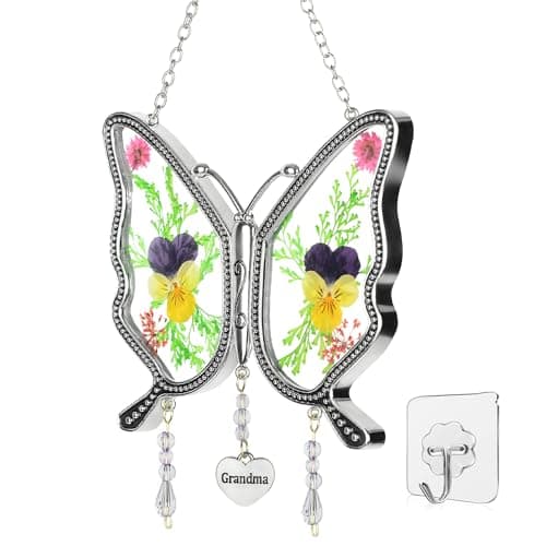 Gifts for Grandma Butterfly Suncatcher with Real Flowers Handmade Butterfly Wind Chime Gift for Grandma Nana Unique Birthday Gifts for Nana Hanging Ornament for Wall Window Garden - Image 1