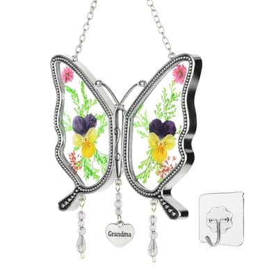 Gifts for Grandma Butterfly Suncatcher with Real Flowers Handmade Butterfly Wind Chime Gift for Grandma Nana Unique Birthday Gifts for Nana Hanging Ornament for Wall Window Garden - Image 1