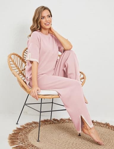 Tanming Sweater Sets Women 2 Piece Lounge Sets Short Sleeve Knit Pullover Tops Wide Leg Pants (Pink-XS) - Image 6