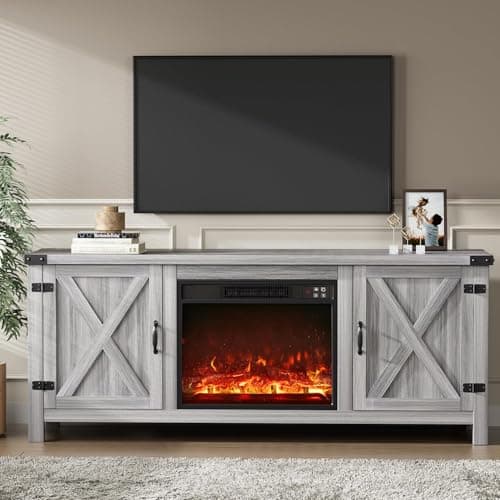 YESHOMY Fireplace TV Stand with Two Barn Doors and Storage Cabinets for Televisions up to 65+ Inch, Entertainment Center Console Table, Media Furniture for Living Room, 58 Inch, Gray Wash - Image 1