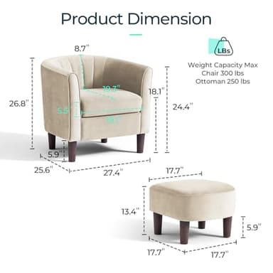 LINSY Accent Chair with Ottoman, Modern Barrel Chair Small Armchair Reading Chair with Footrest, Comfy Round Arms Chair for Living Room Bedroom Reading Room, Velvet, Beige - Image 2