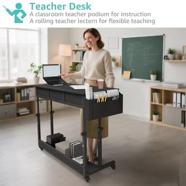 Rolling Standing Desk Adjustable Height with Drawers, 40 Inch Mobile Stand Up Portable Teacher Desks on Wheels for Classroom, Couch Sofa Side Laptop Table with Storage for Bedroom Home Office, Black - Image 4