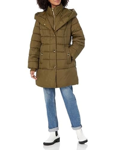Anne Klein Hooded Puffer Coat, Olive, S - Image 1