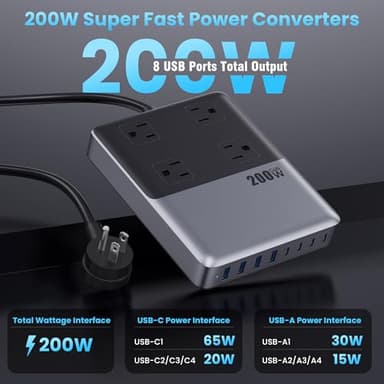 Kioson 12-in-1 Charging Station USB-C Power Strip with 5ft Cord and Plug, 200W GaN IV Charger Block, 4 AC Outlets, 4 USB A&C for MacBook,iPhone 16/15/14, Desktop Charger for Office, Home - Image 4