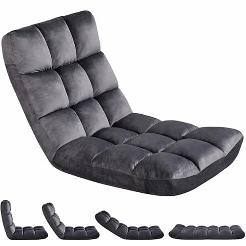 Yaheetech Floor Folding Chair with Back Support, Padded Folding Gaming Sofa Chair with 14 Adjustable Backrest, Adults Couch Recliner, Floor Seating Lounge Chair, Armless Meditation Chair, Gray - Image 1