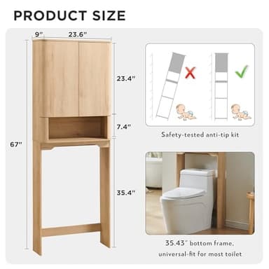 ACCOHOHO Modern Over The Toilet Storage Cabinet with Adjustable Shelf & Handle-Less Double Doors, 67 Inch Tall Wooden Bathroom Cabinet, Natural Oak - Image 2