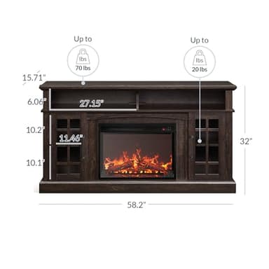 BELLEZE Traditional 58" Rustic TV Stand with 23" Electric Fireplace Heater with Sound, Media Entertainment Center Console Table for TV up to 65" with Open Storage Shelves and Cabinets - Espresso - Image 5
