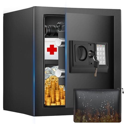 14.17 Inches Tall Safe Box, Home Safe with Fireproof Waterproof Bag, Anti-Theft Digital Security Lock Box with Smart Alert System, Removable Shelf, Mute Function, Document Safes for Money Jewelry - Image 1
