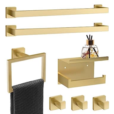 Dorudon atrox 7 Piece Gold Bathroom Hardware Set with Brushed Gold Bathroom Accessories - Square 2 Towel Bars Towel Rack Stainless Steel 23-Inch - Image 1