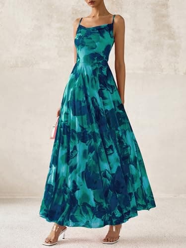 BTFBM Women Summer Floral Maxi Dresses Elegant Spaghetti Strap Dress Printed Party Dress Beach Long Dresses(Floral Lake Blue,Large) - Image 7