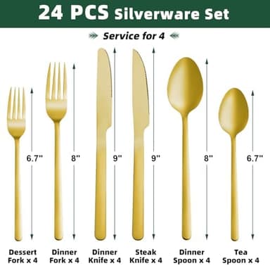 24 Pcs Gold Silverware Set with Steak Knives, Food-Grade Stainless Steel Flatware Cutlery Set for 4, Mirror Polished Tableware Eating Utensils Set for Kitchen, Knife Fork Spoon Set, Dishwasher Safe - Image 4