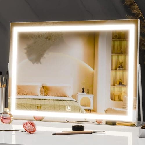 Gvnkvn Ligheted Vanity Mirror with Lights, 14" x 12" LED Makeup Mirror, 3 Modes Light, Smart Touch Control Dimmable, 360°Rotation, Rectangle White Frame - Image 1
