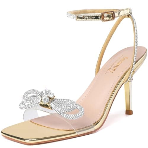 Susanny Gold Heels for Women Rhinestone Wedding Strappy Sandals Sparkly Clear Bow Kitten Heels Sexy Ankle Strap Bridal Party Dress Shoes 8 - Image 1