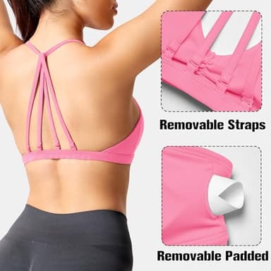 YEOREO Workout Sports Bras for Women Padded Strappy Open Back Gym Bra Light Impact Criss Cross Yoga Crop Top Candy Powder S - Image 2