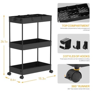 SPACELEAD 3 Tier Rolling Cart with Wheels, Storage Craft Art Trolley Organizer Serving, 3 Hanging Baskets Easy Assembly, for Office, Living Room, Kitchen, Black - Image 2
