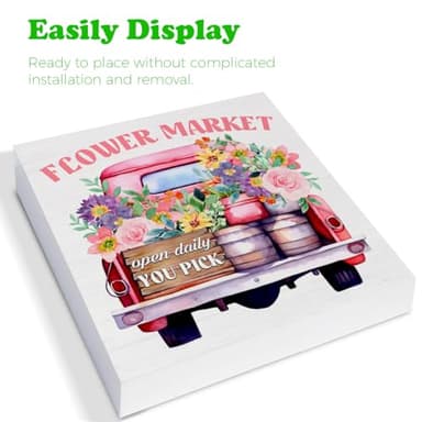 Spring Decor - Spring Sign Decorations Flower Market Wood Block Plaque Sign for Home Desk Table (5 x 5 Inches) - Image 3