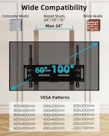 HCMOUNTING Full Motion TV Wall Mount for 60-100 Inch TVs, 30.3 Inch Long Arm, VESA 800x600 Compatible, Swivel and Tilt, Fits 16-24 Inch Studs, 165 lbs Heavy-Duty Bracket - Image 2