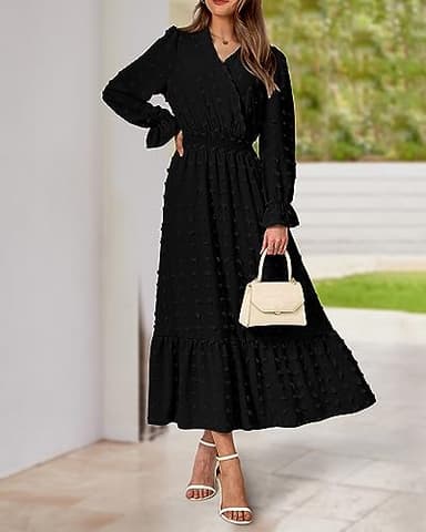 BTFBM Women Fall Maxi Dresses 2025 Long Sleeve V Neck Swiss Dots High Waisted A-Line Ruffle Boho Long Dress Vacation(Black,Medium) - Image 6