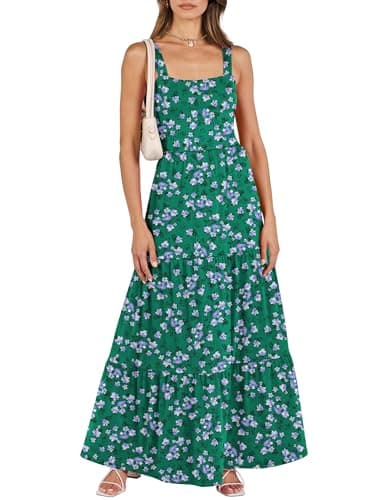 ANRABESS Women's Summer Casual Long Maxi Beach Vacation Dresses Sleeveless Square Neck Flowy Tiered Sun Dress with Pockets Green Purple Floral Small - Image 1