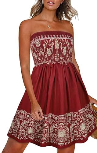 Strapless Sun Dresses for Women Short Swing Summer Dress Bandeau Beach Cover Up(Boho Red Yellow Print,XL) - Image 1