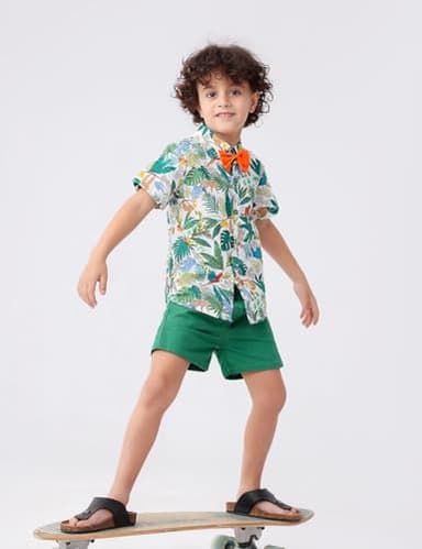 JunNeng Toddler Baby Boy Shorts Sets Hawaiian Outfits,Tropical Floral Short Sleeve Shirt +Elastic Shorts Vacation Clothes,Light Green 9-12 Months - Image 5