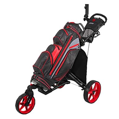 KVV 3 Wheel 360 Rotating Front Wheel Foldable/Collapsible Golf Push Cart with Foot Brake Open and Close in ONE Second-Free Umbrella Holder Included(Black/Red) - Image 2