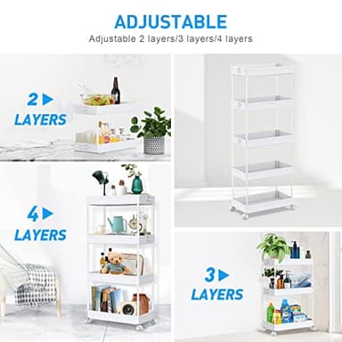 SPACEKEEPER 5-Tier Storage Cart Organizer Rolling Utility Cart, Mobile Shelving Unit Slide Out Storage Shelves for Kitchen Living Room Bathroom Laundry Room & Dressers, White - Image 4