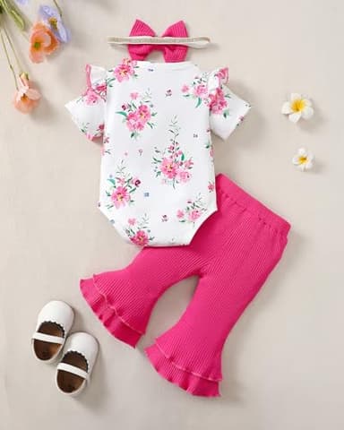 SUNNY PIGGY Baby Girl Clothes Ruffle Short Sleeve Romper Long Pants Set with Headband Newborn Infant Outfits RoseRed 3-6M - Image 3