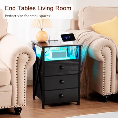 AMHANCIBLE Night Stand Set 2, LED Nightstand with Charging Station, End Side Tables with USB Port & Outlet, Bedside Table with Fabric Drawers for Bedroom Living Room, Black, HET053LBK - Image 7