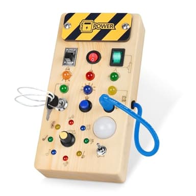 Montessori Wooden Busy Board with 8 LED Light switches, Sensory Toys Light Switch Travel Toys for 1+ Year Old Baby and Toddler - Image 1