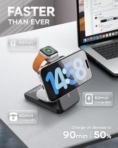 RORRY Portable Charger, 3-in-1 Charging Station 10000mAh Portable Charger Power Bank for MagSafe Foldable Battery Pack Travel for iPhone 16/15/14/13/12, for Apple Watch 10/9/8/7/6/5/Ultra/2, Black - Image 3