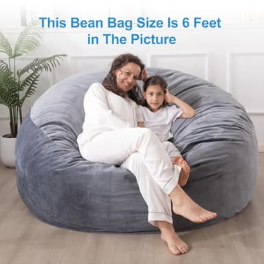 WhatsBedding Large Bean Bag Chair: 4 ft Memory Foam for Adults/Kids, with Fillings. Soft Faux Fur Fabric - Dutch Velvet, Grey, 4 Foot Bean Bag - Image 8