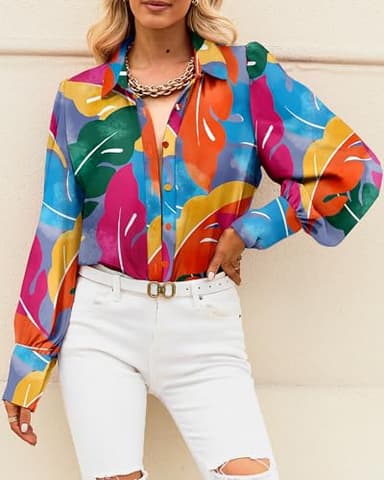 BTFBM Women Fashion Button Down Shirts V Neck Printed Solid Boho Long Sleeve Blouses Dressy Casual Summer Fall Tops(Multicolored, X-Large) - Image 4