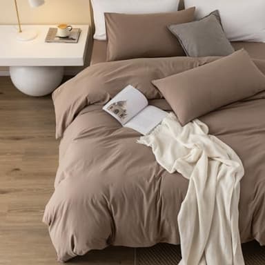 JIYUAN 100% Washed Cotton Duvet Cover Set 3 Pieces King, 1 Duvet Cover 104x90 Inches(Comforter Not Included) and 2 Pillowcases,Linen Feel Bedding Set Comfy and Breathable,Light Brown - Image 2