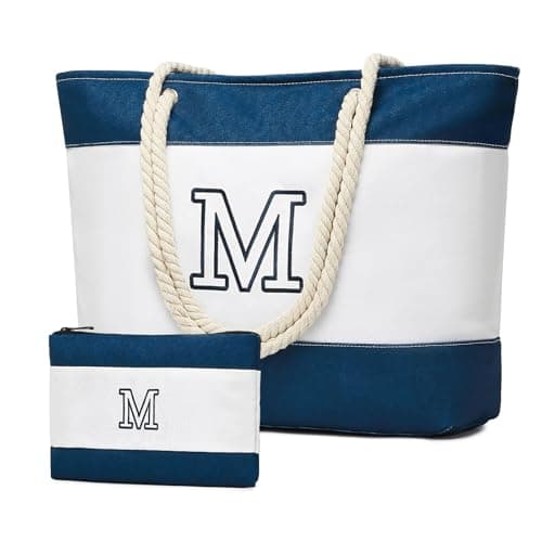 Becokan Initial Beach Bag Waterproof Canvas Beach Tote Bag Zipper Personalized Gifts for Women Her Birthday Travel Essentials (M, Dark Blue 2 pcs) - Image 1