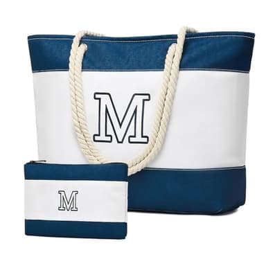 Becokan Initial Beach Bag Waterproof Canvas Beach Tote Bag Zipper Personalized Gifts for Women Her Birthday Travel Essentials (M, Dark Blue 2 pcs) - Image 1