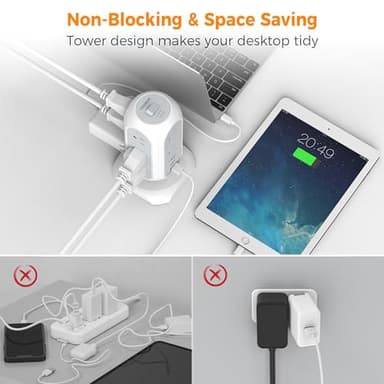 Tower Power Strip Flat Plug with 11 Outlets 3 USB (1 USB C), TESSAN Surge Protector Tower 1625W/13A,1050J Protection, 6 Feet Extension Cord with Multiple Outlets, Office Desk Supplies, Dorm Essentials - Image 5