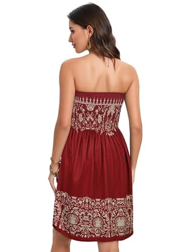 Strapless Sun Dresses for Women Short Swing Summer Dress Bandeau Beach Cover Up(Boho Red Yellow Print,XL) - Image 6