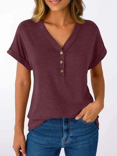 AUTOMET Short Sleeve V Neck T Shirts Womens 2025 Summer Spring Fashion Business Casual Dressy Cute Lightweight Loose Fit Work Tshirts Ladies Blouses Henley Tops Clothes Outfits Clothing Wine - Image 2