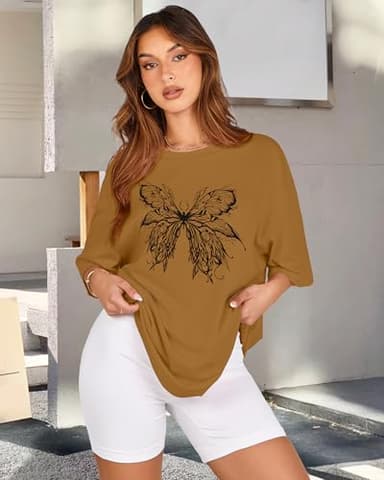 Womens Oversized Tshirt Graphic Tees Crew Neck Summer Short Sleeve Loose Fit Tops(Brown Butterfly, XXL) - Image 4