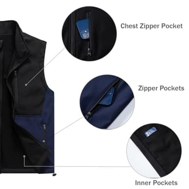 Msmsse Men's Softshell Lightweight Vest Outerwear Puffer Windproof Sleeveless Jacket for Running Fishing Black/Dark Blue 2XL - Image 2