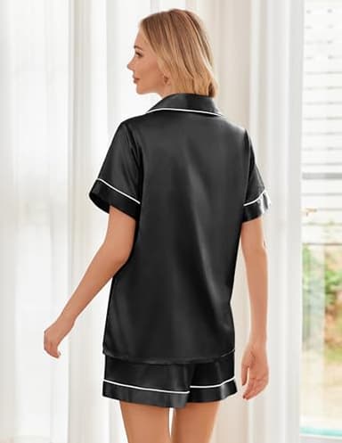 Ekouaer Pajamas for Women Set Silk Pjs Short Sleeve Button Down Sleepwear Top and Shorts Satin 2 Piece Lounge Set,Black,L - Image 2
