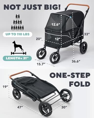 Zoosky Pet Stroller for Large Dogs up to 110lbs, Large Pet Stroller for Multiple Pets, All-Terrain with Adjustable Handle & Mesh Dual-Window, 1680D Waterproof Oxford Fiber - Image 3