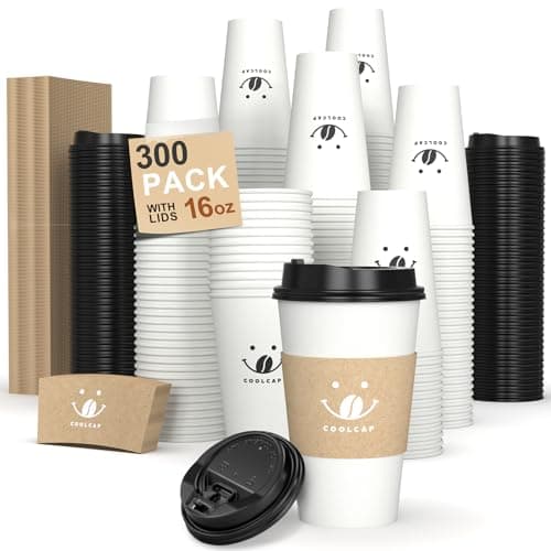 Coffee Cups with Lids and Sleeves, 16 oz 300 Pack To Go Cups with Lids, Paper Hot Cups for Hot & Cold Beverage (White, 16 oz) - Image 1