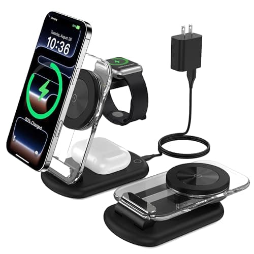 3 in 1 Magnetic Wireless Charging Station for Apple Devices, Fast Foldable Travel Mag-Safe Charger Stand with Night Light for iPhone 17 16 15 14 13 12 Series, Apple Watch/AirPods Pro
