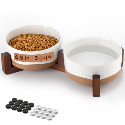 Lareina Ceramic Dog Bowl for Food and Water, 3 Cups Pet Bowl Set with Non-Slip Wood Stand for Your Small Medium Sized Dog, Vanilla White - Image 1