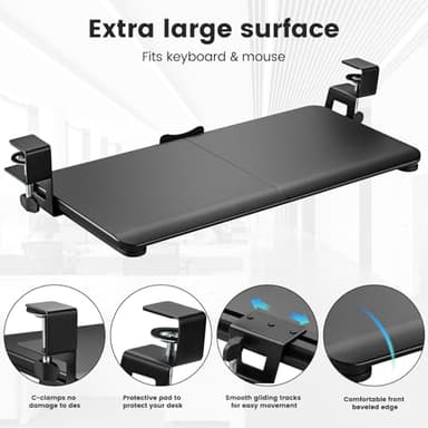 DQCGLY Keyboard Tray Under Desk, Slide Out Computer Keyboard & Mouse Tray with C Clamp-on Mount Easy to Install,30" W(Including Clamps) X 12" D Large Size,Black - Image 5