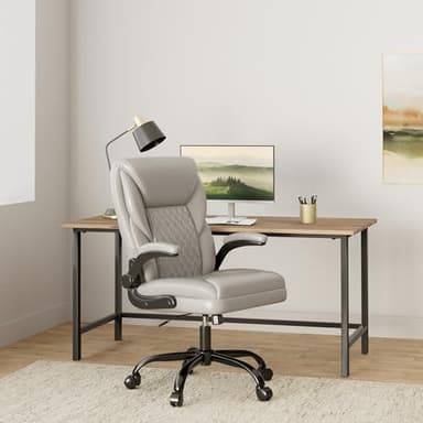 BestEra Office Chair, Executive Leather Chair Home Office Desk Chairs, Ergonomic Computer Desk Chair with Adjustable Flip-Up Arms, Lumber Support Swivel Task Chair with Rocking Function (Gray) - Image 2