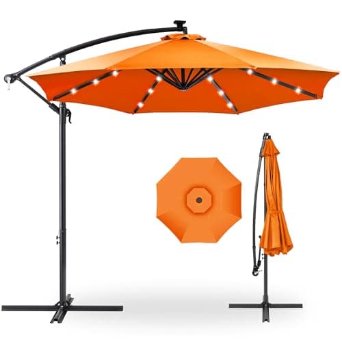 Best Choice Products 10ft Solar LED Offset Hanging Market Patio Umbrella for Backyard, Poolside, Lawn and Garden w/Easy Tilt Adjustment, Polyester Shade, 8 Ribs - Orange - Image 1